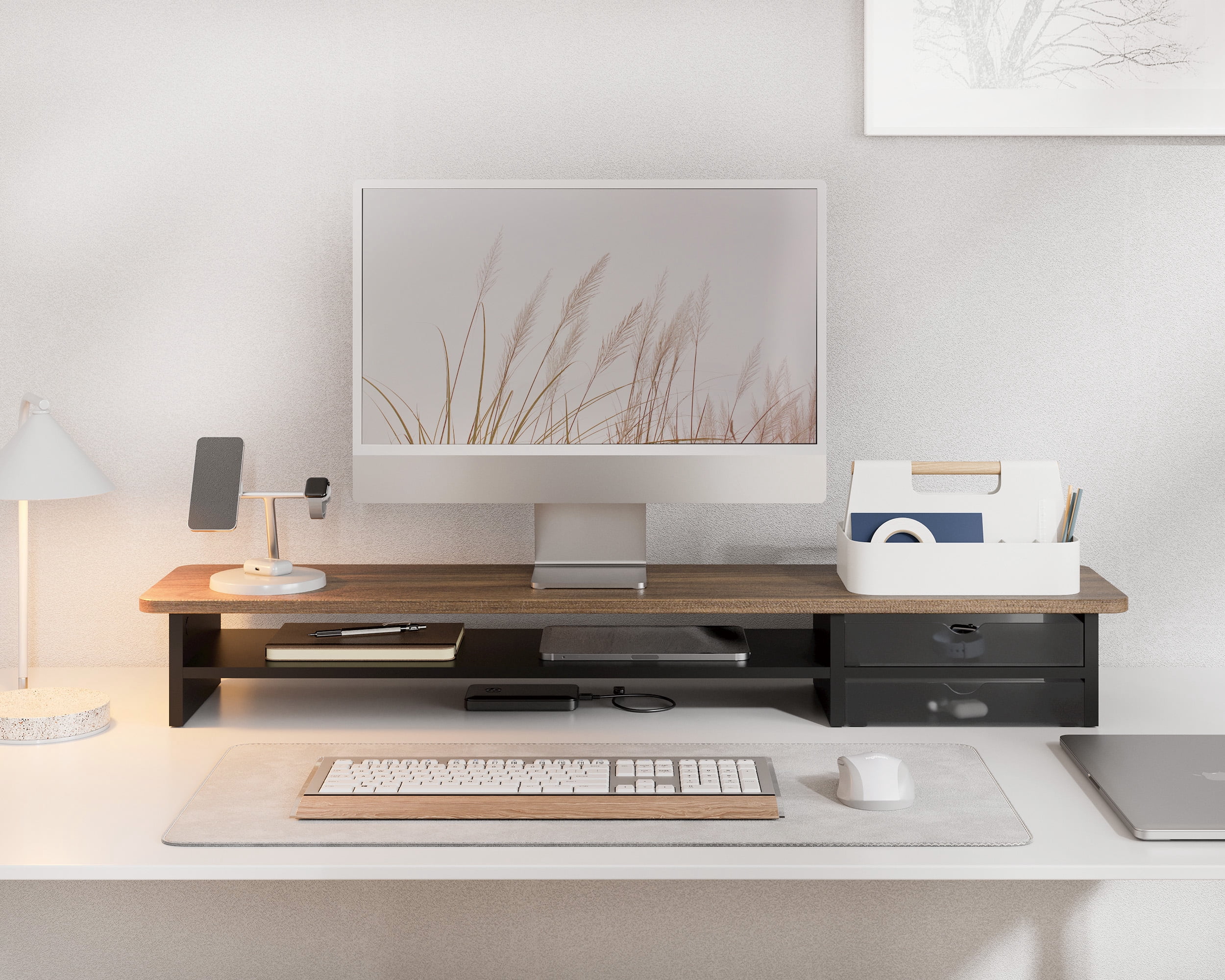 Fenge Monitor Stand, Dual Monitor Riser, 42.5inch Large Desk Computer Monitor Stand Riser with Drawer