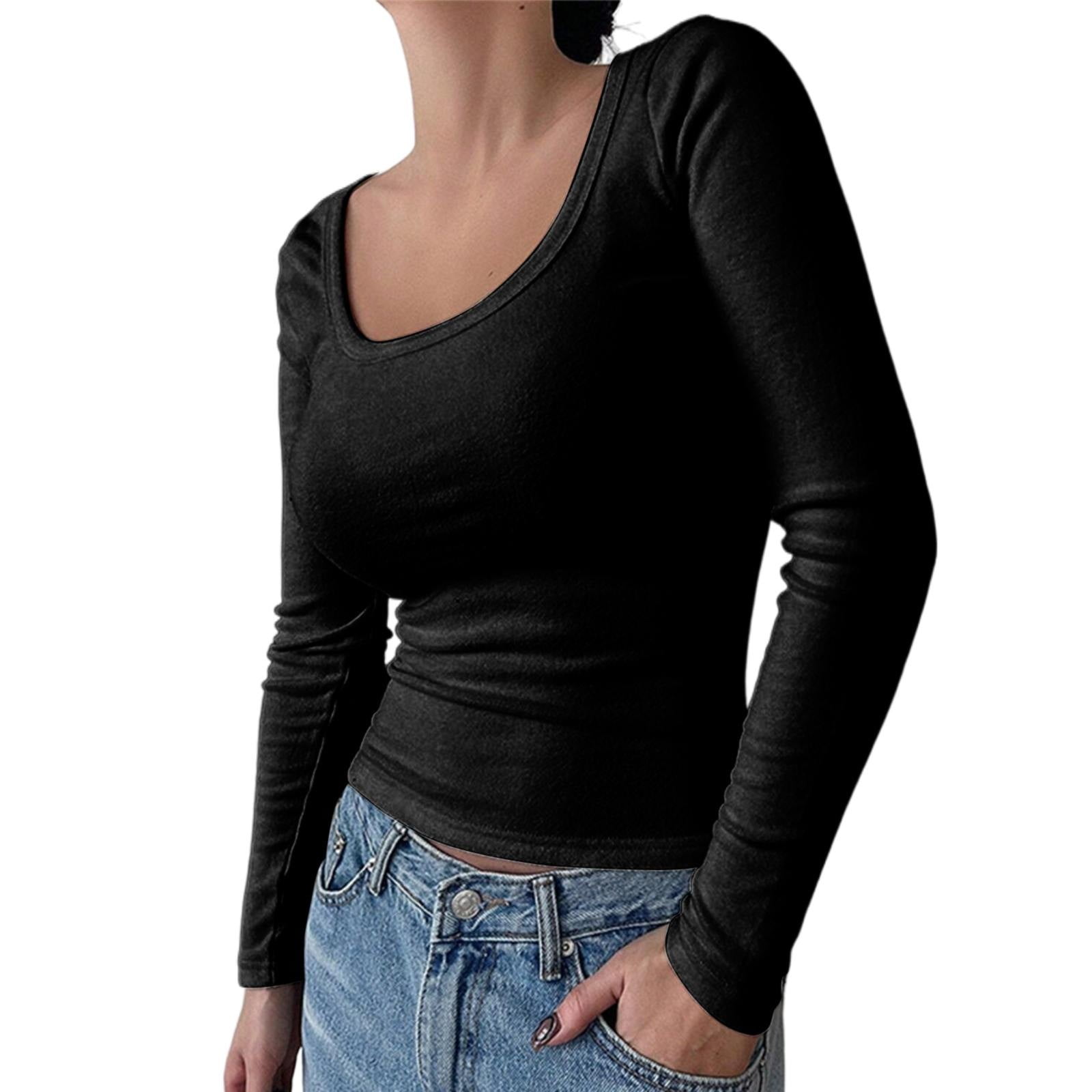 売れ筋商品|||ティー・タハリ カットソー トップス レディース Women's Round-Neck Elbow-Length-Sleeve Black Pxiakgy t shirts for women Women's Solid Color U Neck Long
