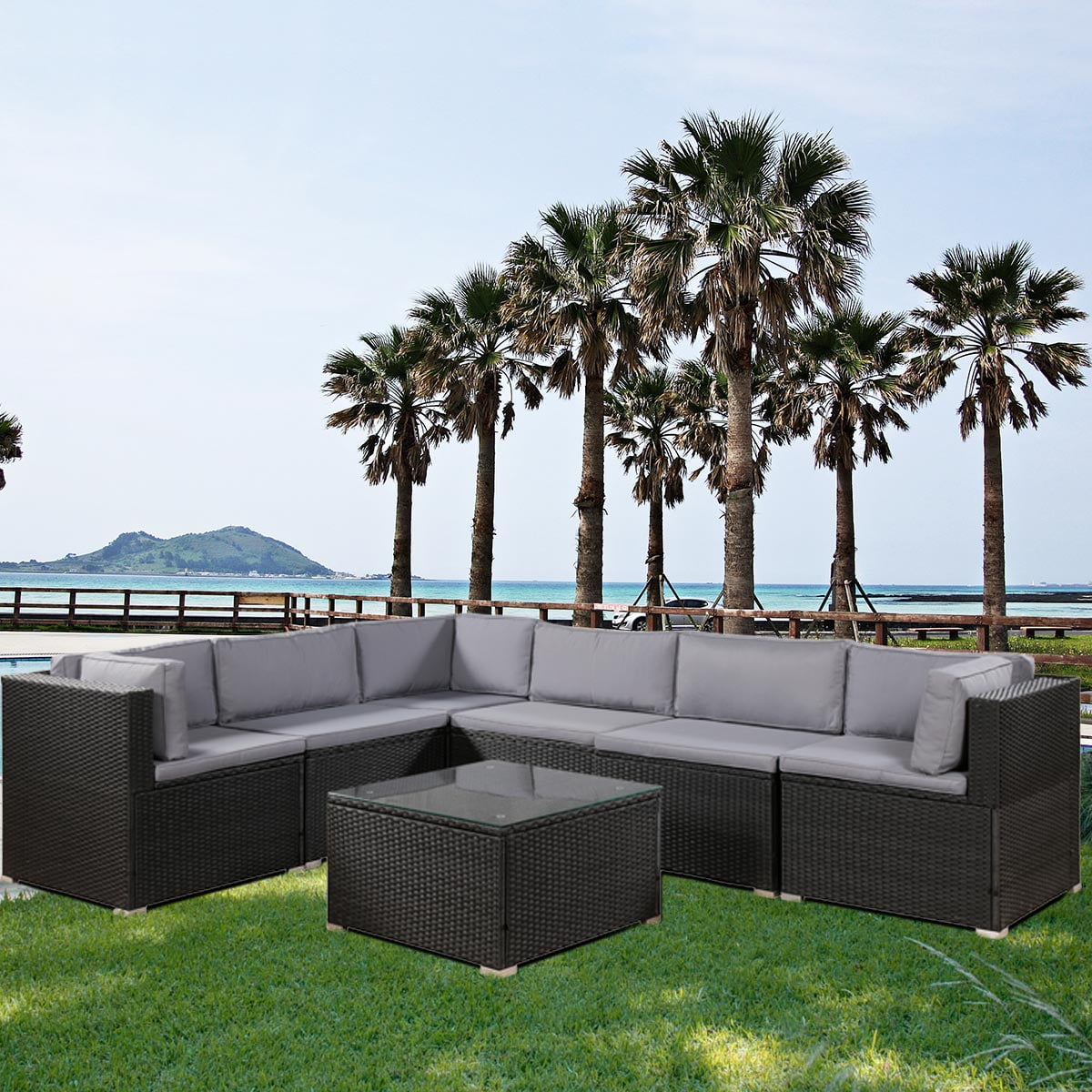 品多く AECOJOY 7 Pieces Outdoor Furniture Set, Wicker Rattan Outdoor Patio