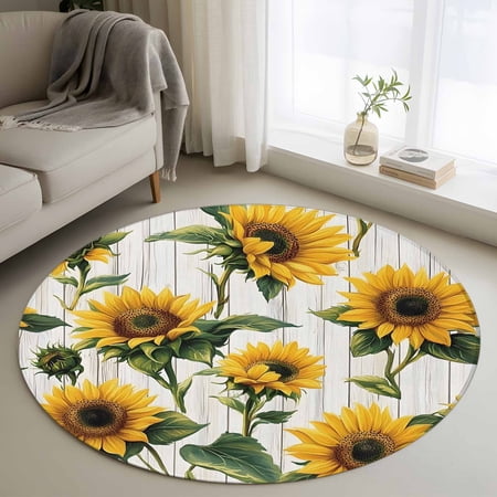 Round Area Rug 4ft Summer Sunflower on White Wood Non-Shedding Washable Area Rug Farmhouse Floral Wooden Non Slip Low-Profile Circle Rugs for Living Room Bedroom Dining Room