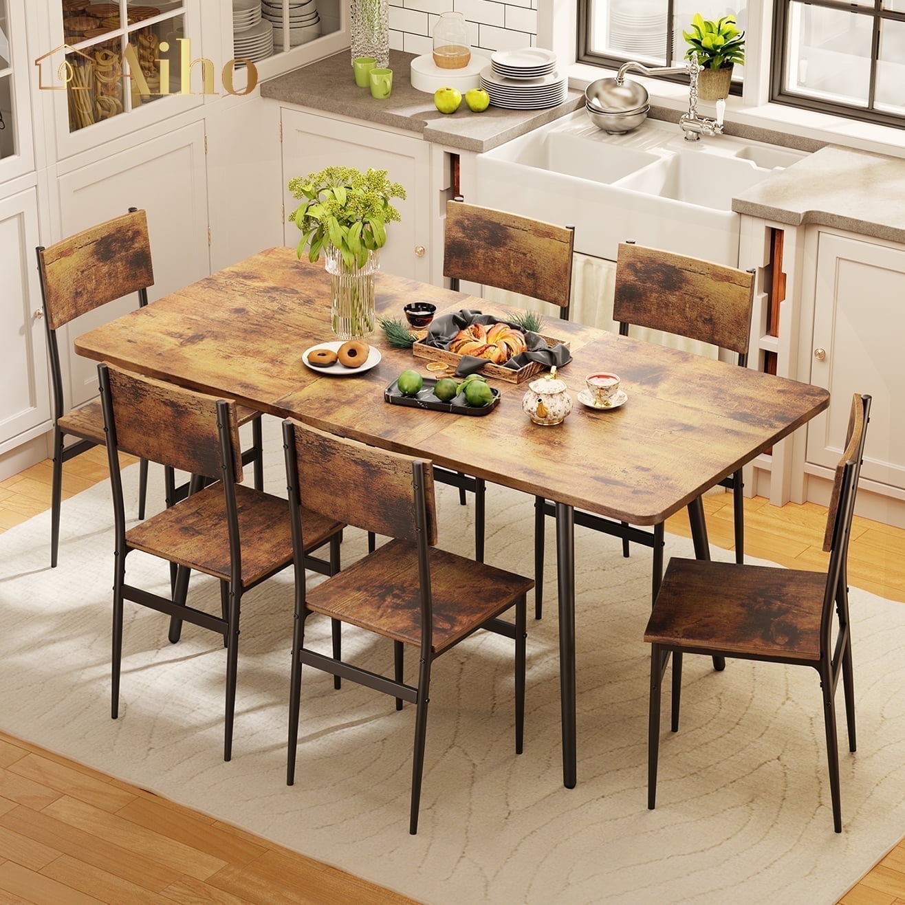 Ktaxon 6-Piece Dining Set, Natural Color, Table 43.3x27.6x29.9 in