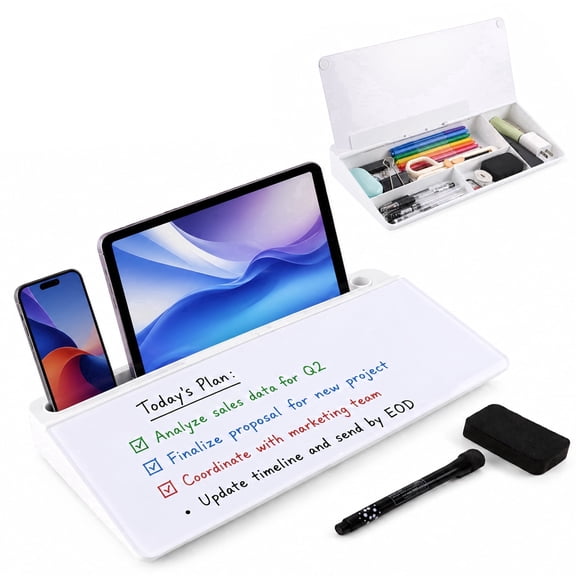Topsome Desktop Whiteboard with Storage, Computer Keyboard Stand Desktop Dry Erase Board, Desk Organizer with Accessories, White