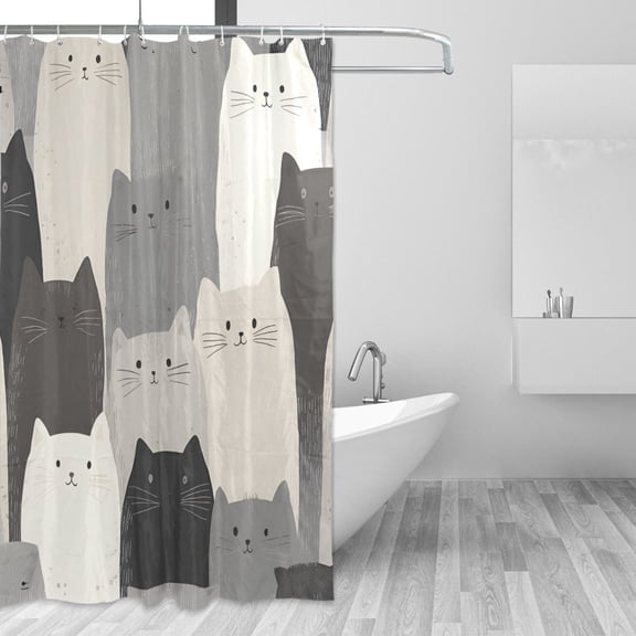 Yayeee Shower Curtain with Hooks 72"x72" Waterproof Fabric Bathroom Hanging Decor, Gray Cute Cats