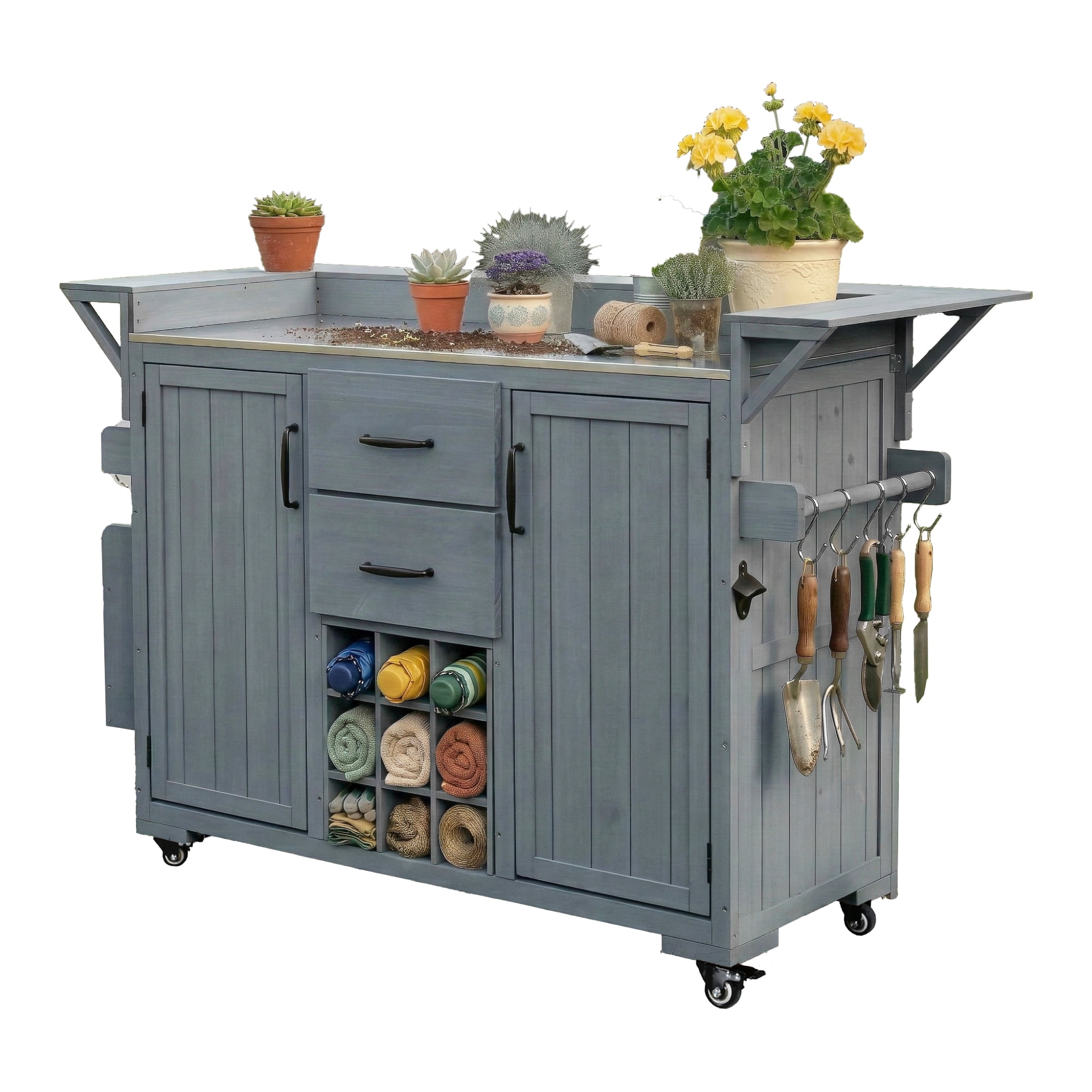 Mintazer Modern 60.2" Outdoor Kitchen Island with Wheels, Rolling Kitchen Island with Stainless Steel Top & Wine Rack, Patio BBQ Kitchen Cart with Spice Rack & 2 Drawers, Gray