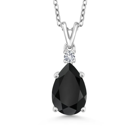 Gem Stone King 925 Sterling Silver Black Onyx and White Created Sapphire Pendant Necklace for Women | 2.82 Cttw | Pear Shape 12X8MM | with 18 inch Silver Chain