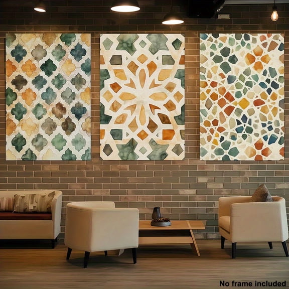 [2D Flat] 3pcs, 2d Frameless Canvas Painting, Decorative Painting, Inspired by Arabic Tile Print, Islamic Mural Muslim Arabian Decoration, Eid Gift, Large Mural 3pcs Gallery Canvas Art Set, 2D Flat,
