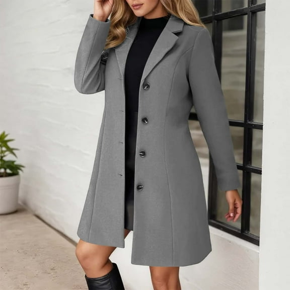 Women's Notch Lapel Single Mid Long Pea Coat (Dark Gray S)
