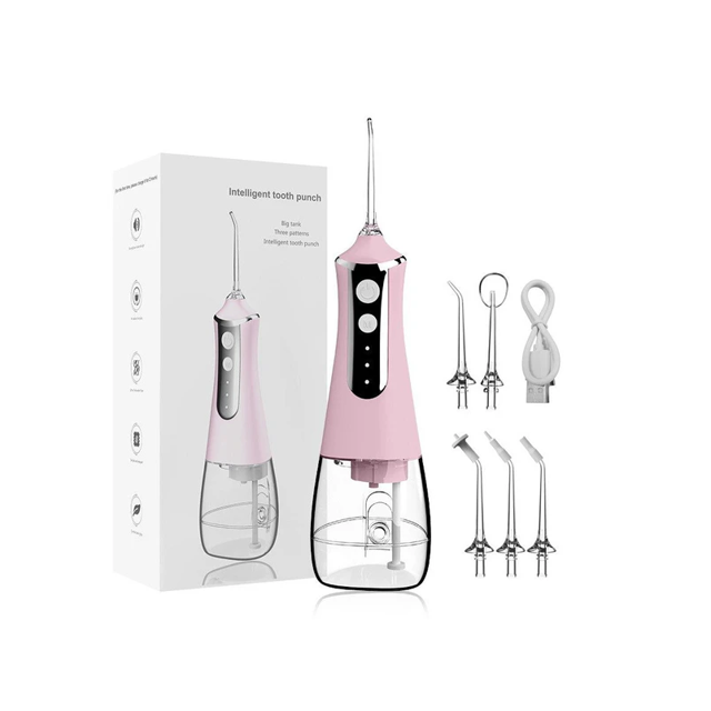 Irrigador bucal portátil con 3 modos de limpieza, tanque de 300ml y diseño impermeable - Ideal para brackets y prótesis dentales (Color rosa)