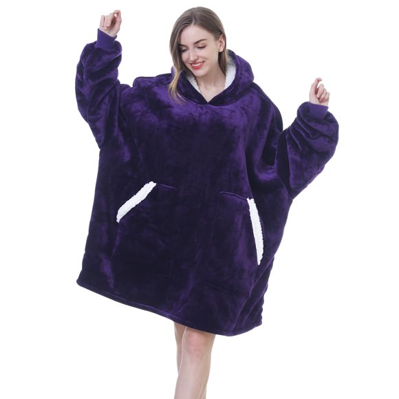 Kipswiza Dark Purple Wearable Blanket Hoodie - Comfy Sherpa Fleece Oversized Hooded Blankets Sweatshirt Gifts for Her Teens Adult Men Women