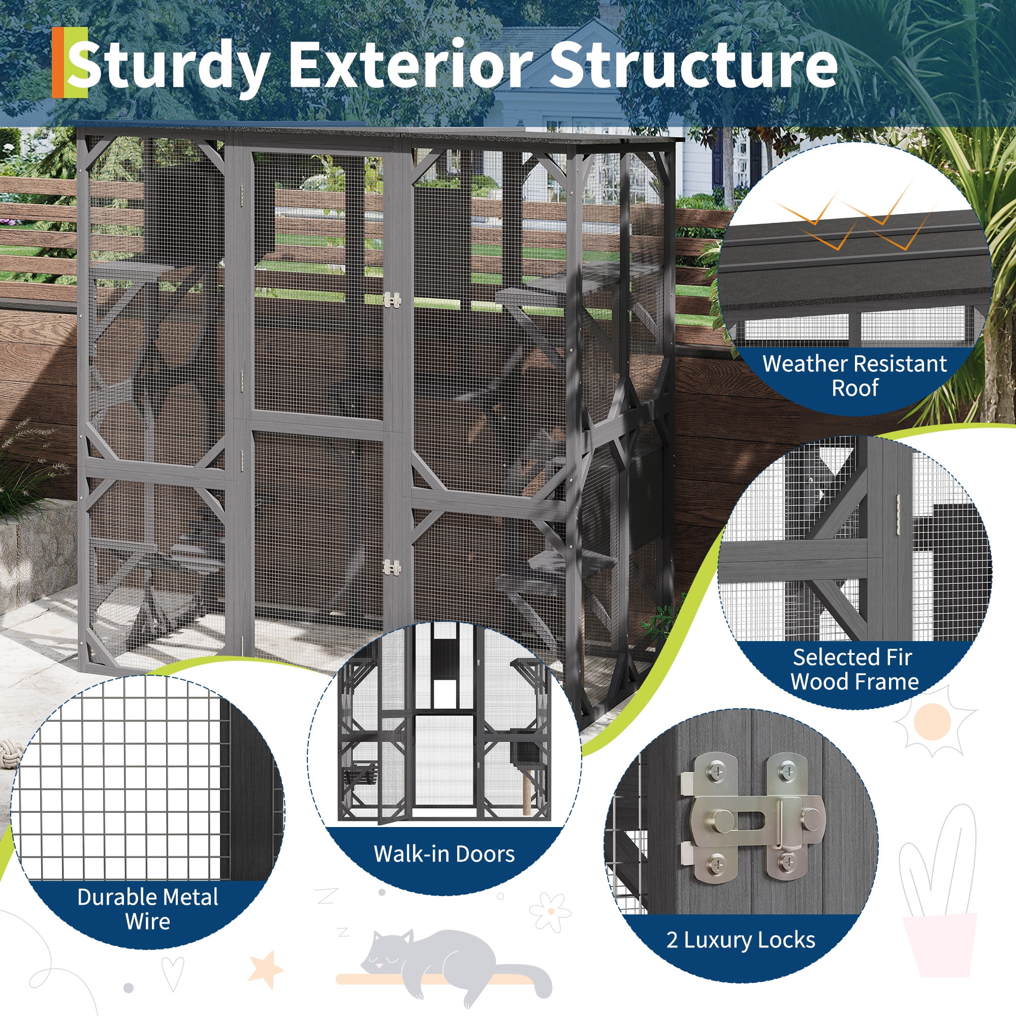Kicctian Spacious Outdoor Wooden Cat Enclosure Catio - Large Walk-In Cat Cage with Waterproof Roof, 4 Platforms, 2 Rest Boxes, Scratching Post, Hammock, Sliding Doors, Window Access -Grey