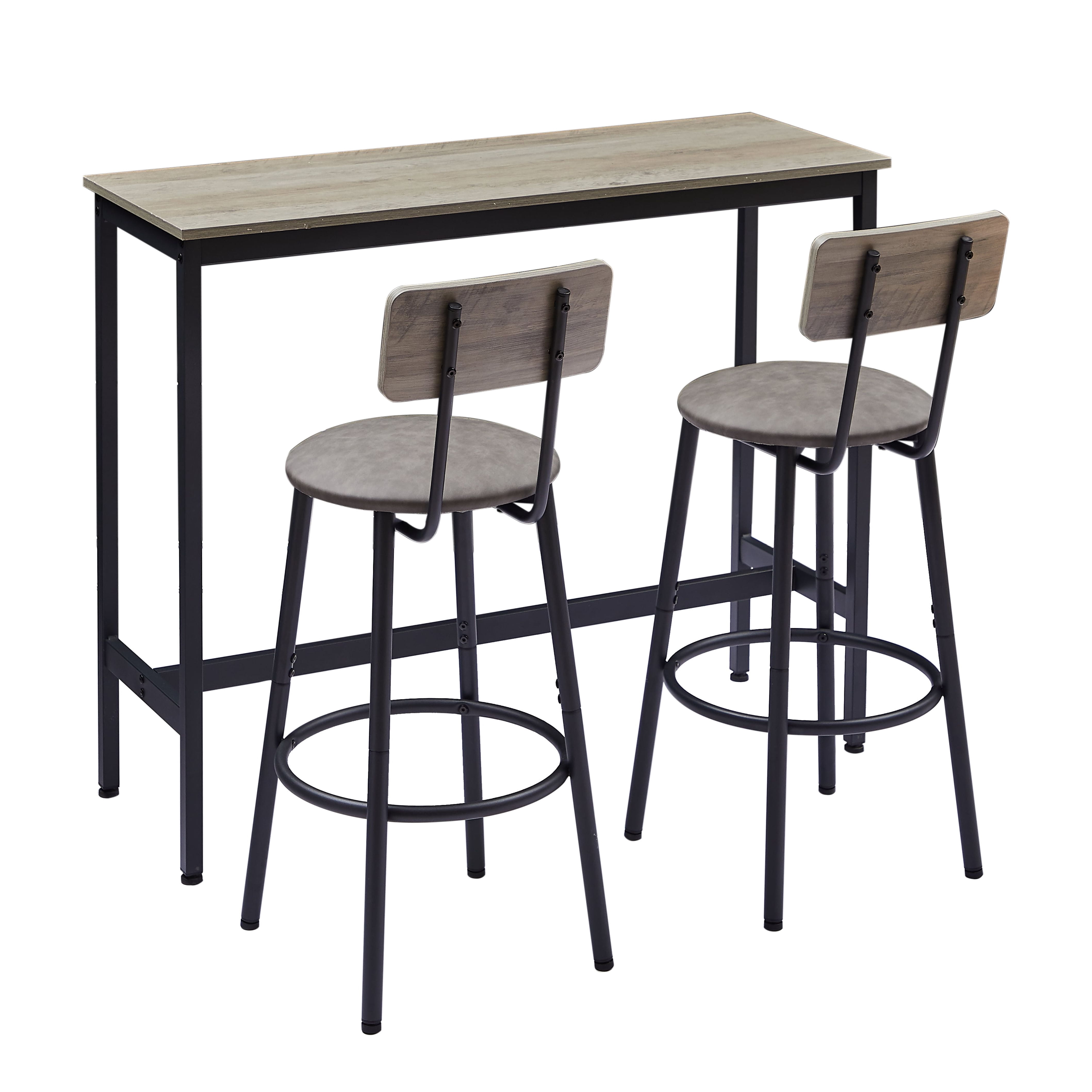 3 Piece Grey Bar Table Set with 2 PU Upholstered Backrest Bar Stools, 43.31" L Counter Dining Table with Adjustable Foot Pads, Space Saving Breakfast Bar Set for Small Kitchen Living Room