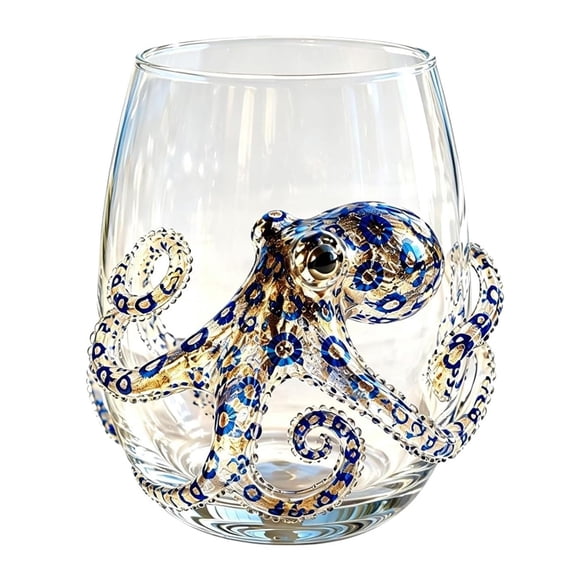 HAHUT Artistic 3D Octopus Stemless Wine Glasses for Ocean Lovers, 12 oz Handcrafted Coastal Glass for Drinking Water Milk Coffee Tea Juice