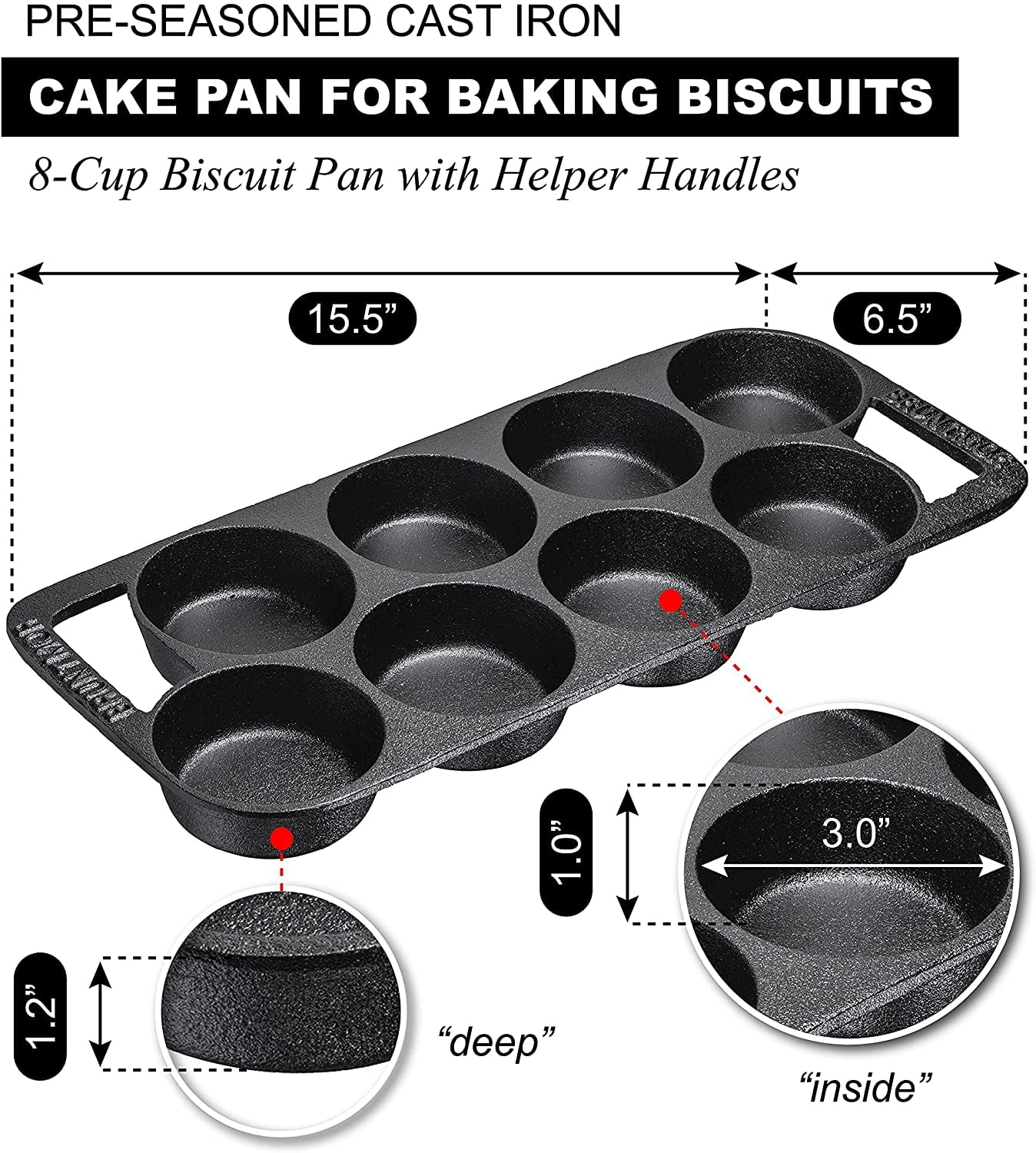 Bruntmor Pre-Seasoned Cast Iron 7-Cup Biscuit Pan - Round Kitchen Nonstick Baking Tools for Scones, Cornbread, Muffins, Polenta Cake, Brownies, and Bi
