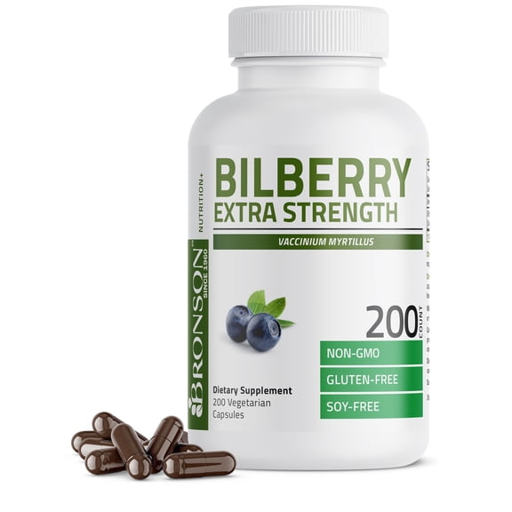 Bronson Bilberry Extra Strength Vaccinium Myrtillus, Promotes Eye Health and Supports Healthy Vision - Non GMO, 200 Vegetarian Capsules