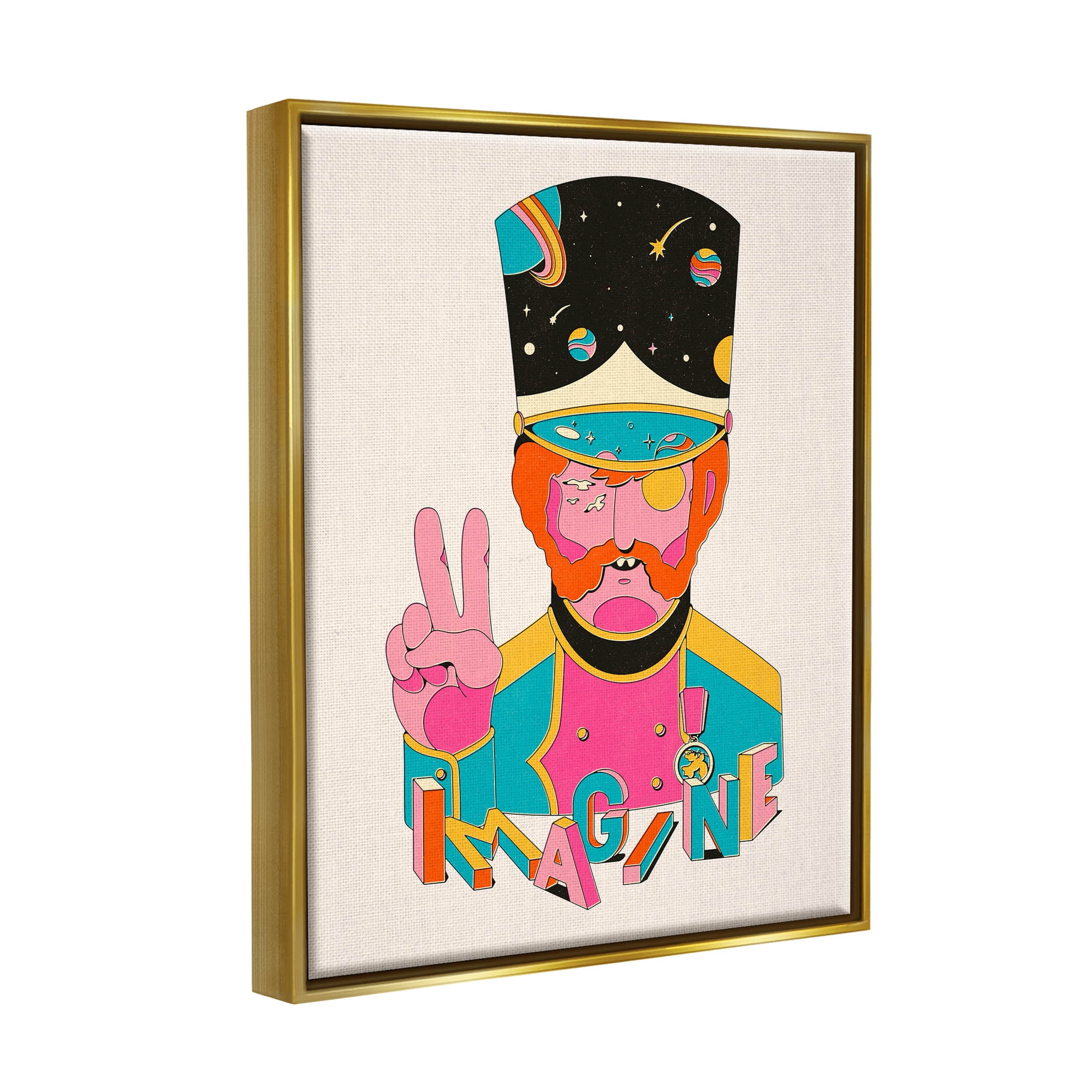 Stupell Industries Imagine Abstract Retro Peace Sign Graphic Art Metallic Gold Floating Framed Canvas Print Wall Art, Design by Matheus Lopes Castro
