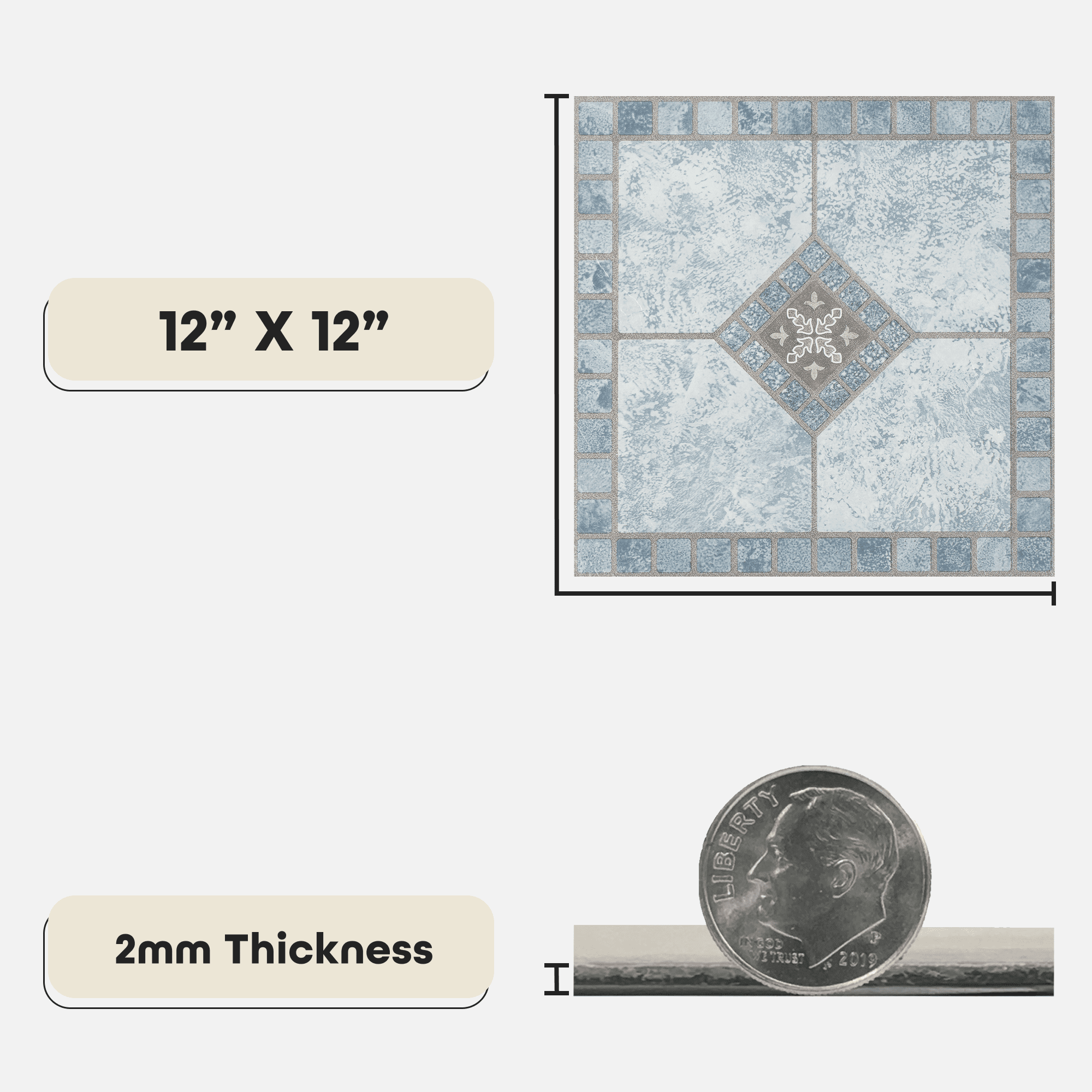 Achim Portfolio Self Adhesive Vinyl Floor Tile - 9 Tiles/9 Sq. ft., 2.0mm, 12 x 12, Blue Diamond