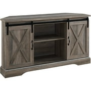 52" Sliding Barn Door Corner TV Stand with Adjustable Shelves in Gray Wash