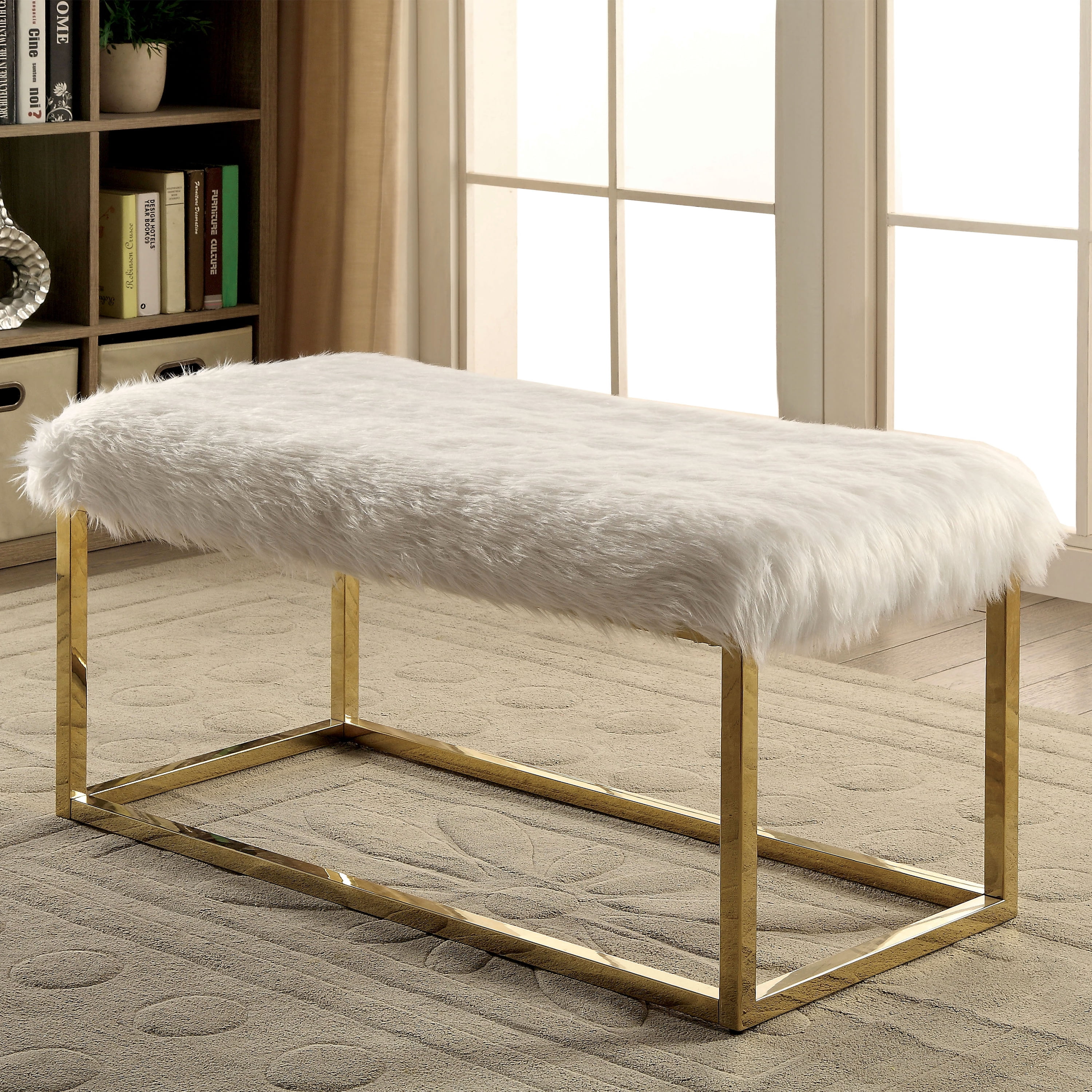 Furniture of America Euna II Contemporary Faux Fur Dining Bench, White