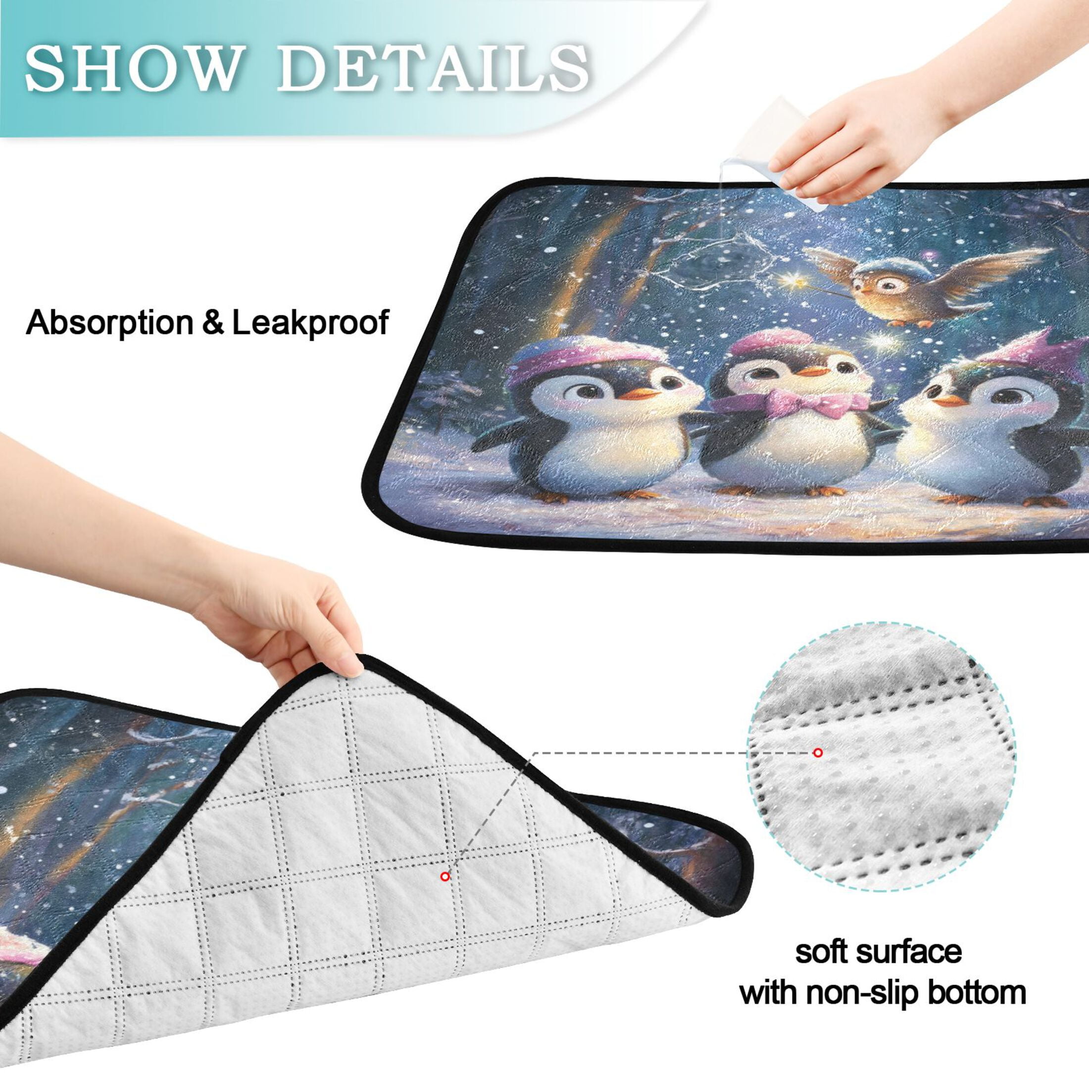 Qxltty Three Cute Cartoon Penguins Cat litter Pads Pet Set of 3 Diaper Mats Center Anti-leakage Layer Absorbent Soft and Comfortable