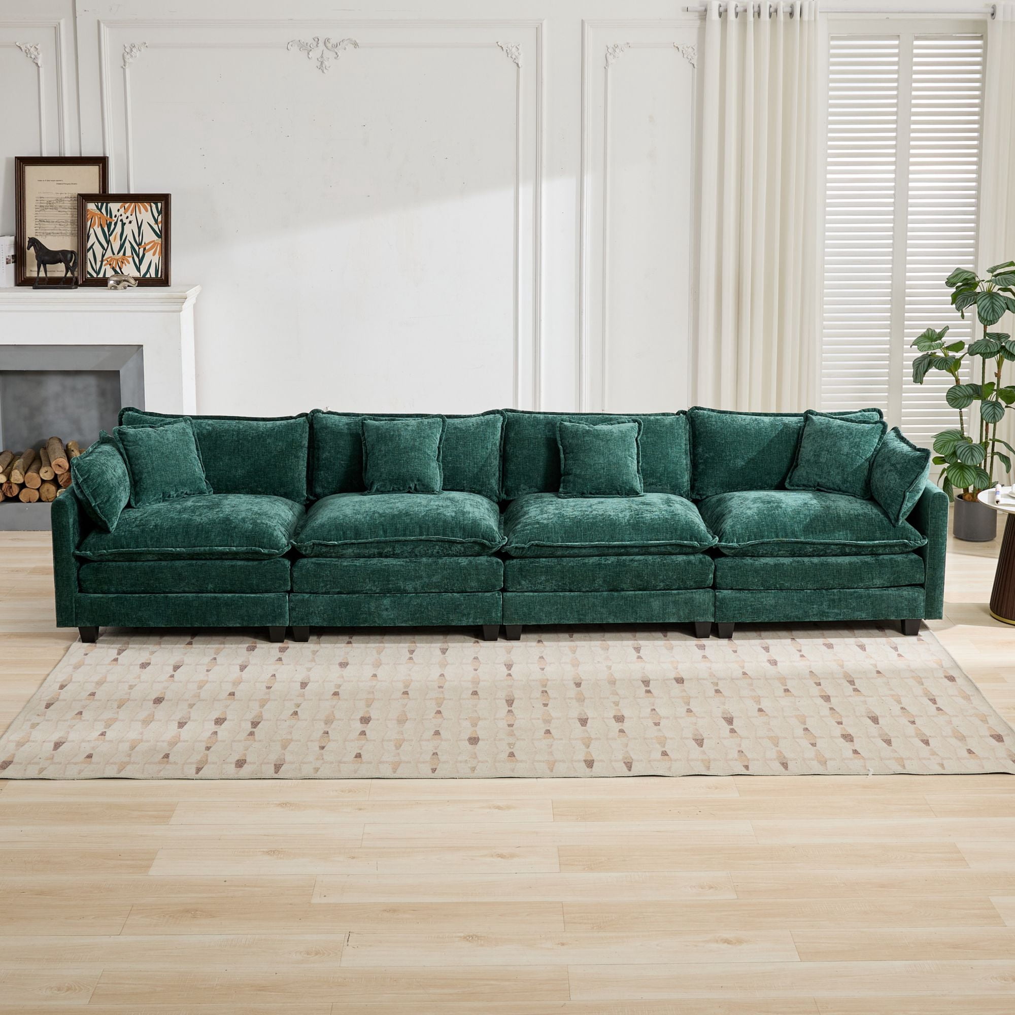 AISWORD 150" Extra Wide Modular Cloud Sofa, 4-Seater Sectional Couch with Double-Layer High-Elastic Sponge, Breathable Chenille Fabric Comfy Upholstered Settee for Living Room