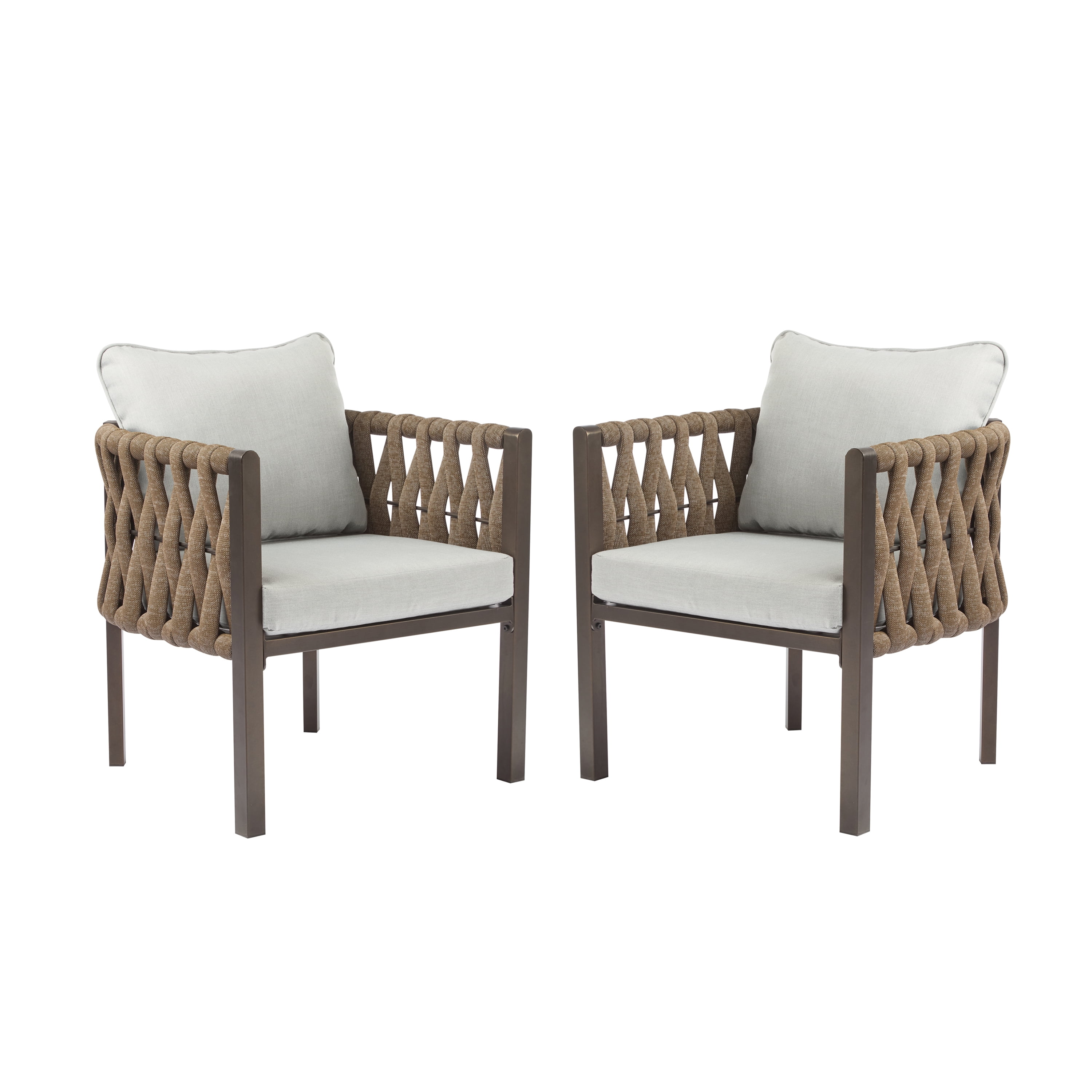 Outdoor Metal Patio Club Chair Set of 2, Patio Furniture Arm Chair with Cushion for Porch Garden, Brown and Light Grey