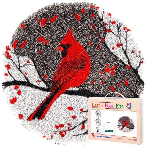 Latch Hook Rug Kit Red Cardinal on Tree Branch Stamped Handmade Round Shape Carpet Crochet Yarn Craft DIY Hook and Latch Door Mat Tapestry for Christmas Home Floor Decor 50x50cm(2)