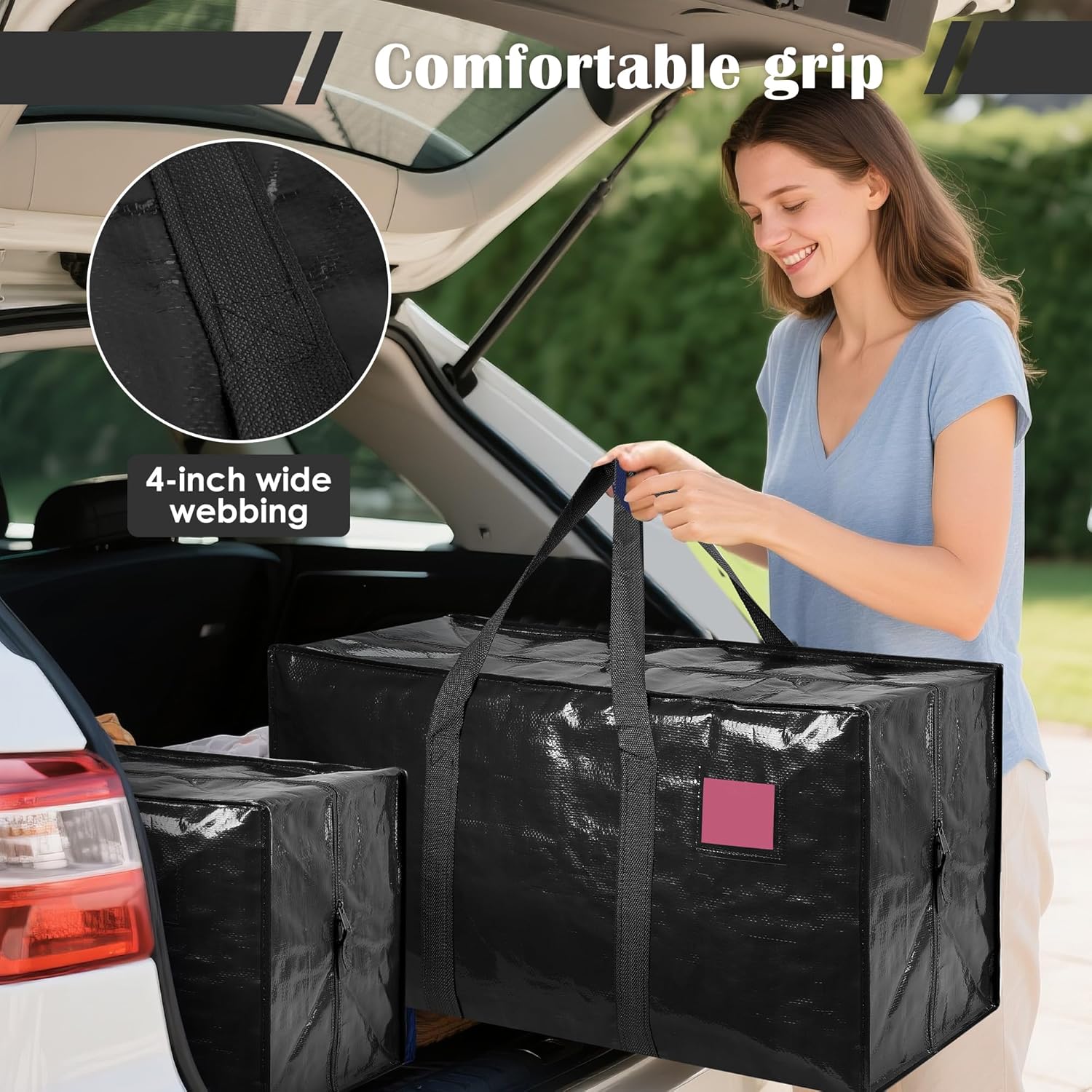 Extra Large Heavy Duty Moving Bags, 12 Pack with Reinforced Zipper & Wide Handles, Moisture-Resistant Storage Bins Packing Cubes for Clothes, College Dorm, Travel, and Home Organization, Dark Blue