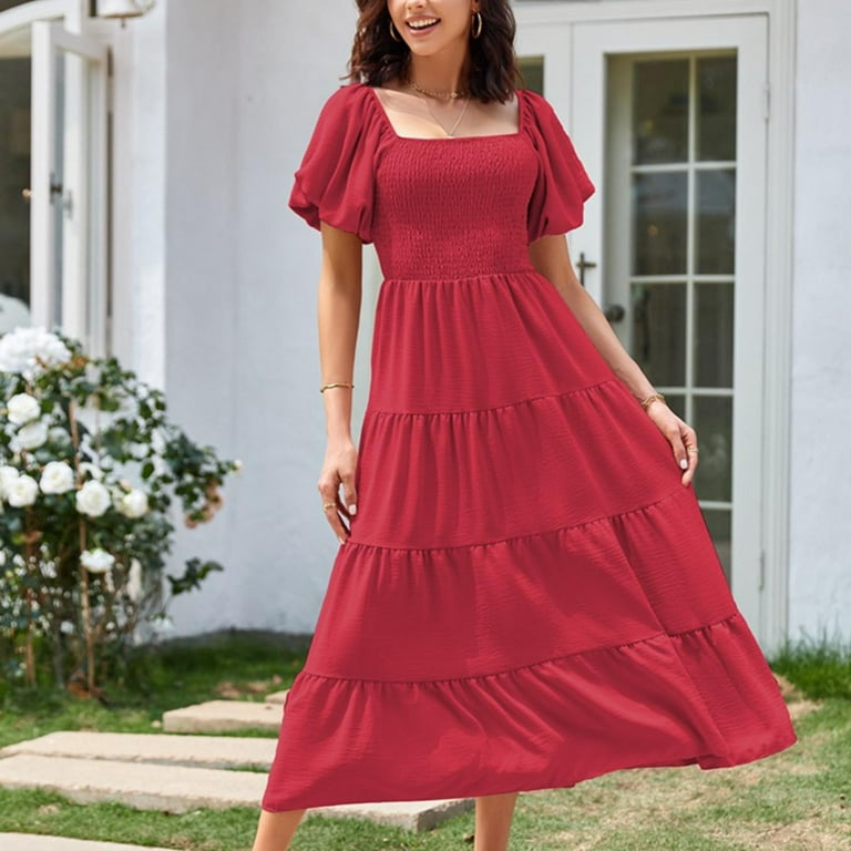 Women's Summer Square Neck Pleated Dress - Trendy Casual