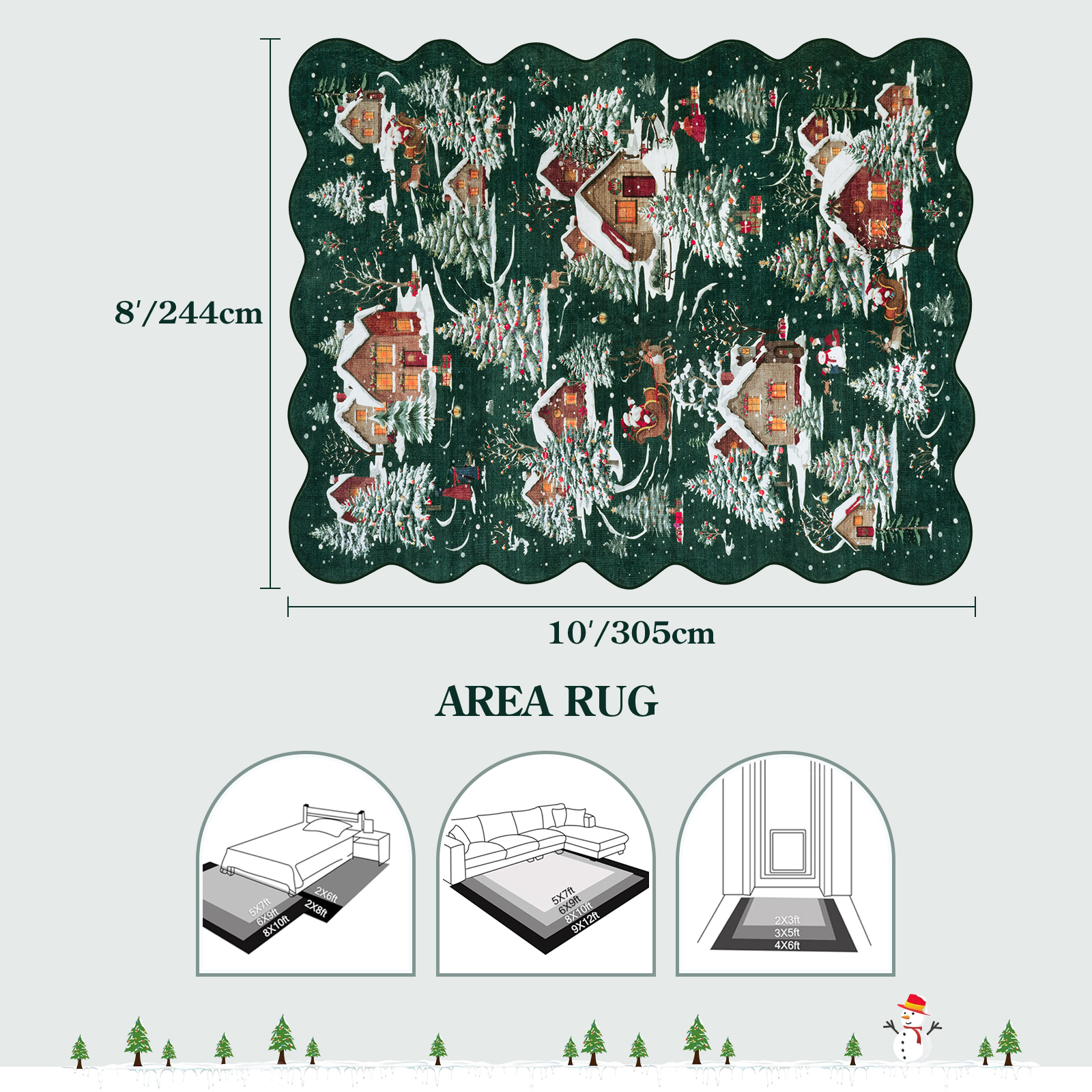Wonnitar Christmas 8x10 Area Rug for Living Room, Green Washable Rug Non Slip, Soft Christmas Tree Santa Claus Holiday Decor Carpet for Bedroom Kids Room Dining Room Playroom
