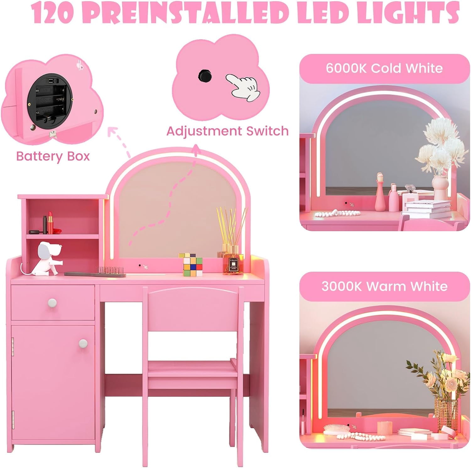 INFANS Kids Vanity, Princess Makeup Desk and Chair Set with Lights Mirror Drawer Storage Shelves, Wooden Dressing Table, Pretend Play Vanity Set for Toddler Girls