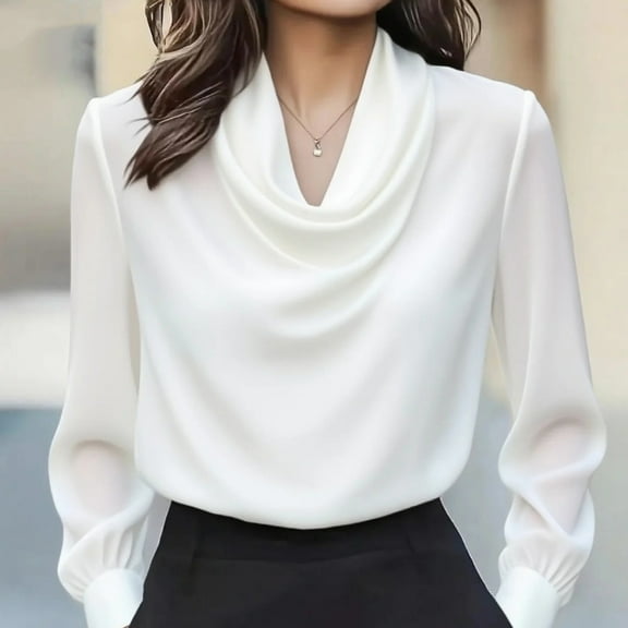 MORTTIC Women's Elegant Solid Color Blouse with Draped Cowl Neck Long Sleeve Ruffle Shirt for Office Wear White,S