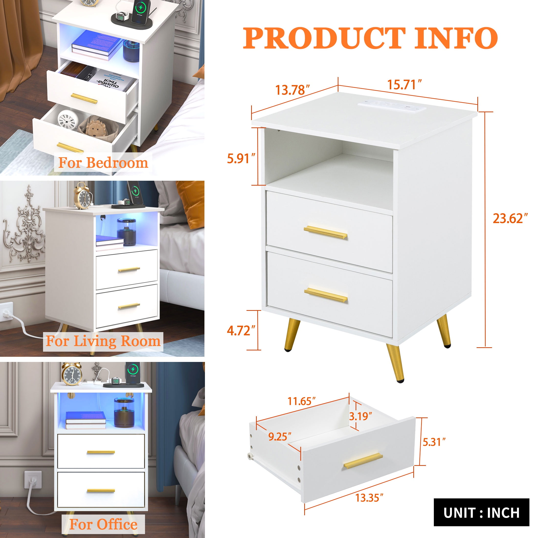 UHOMEPRO White Nightstand with Charging Station, Bedside Table with LED Lights Strips, Modern End Side Table, Versatile Nightstand with Drawers, Side Table for Home and Office