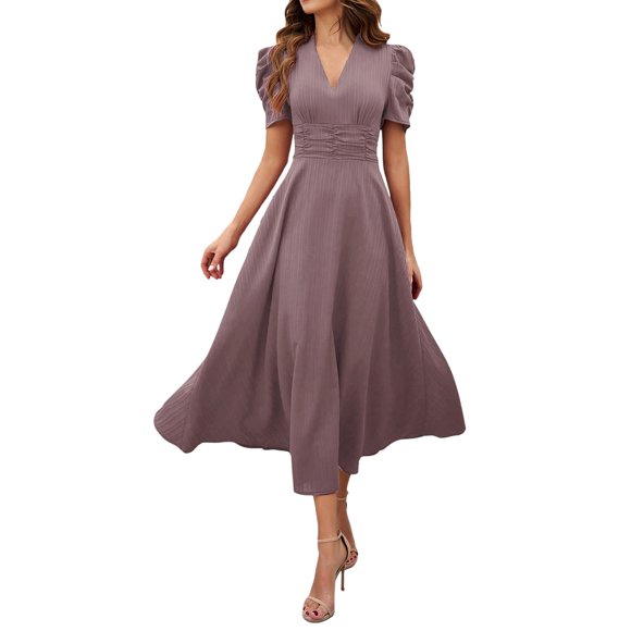 Vestido largo de manga corta para mujer: vestido de invitada de boda con cuello en V y mangas abullonadas, vestido de noche formal de cintura alta, tallas S-XL
