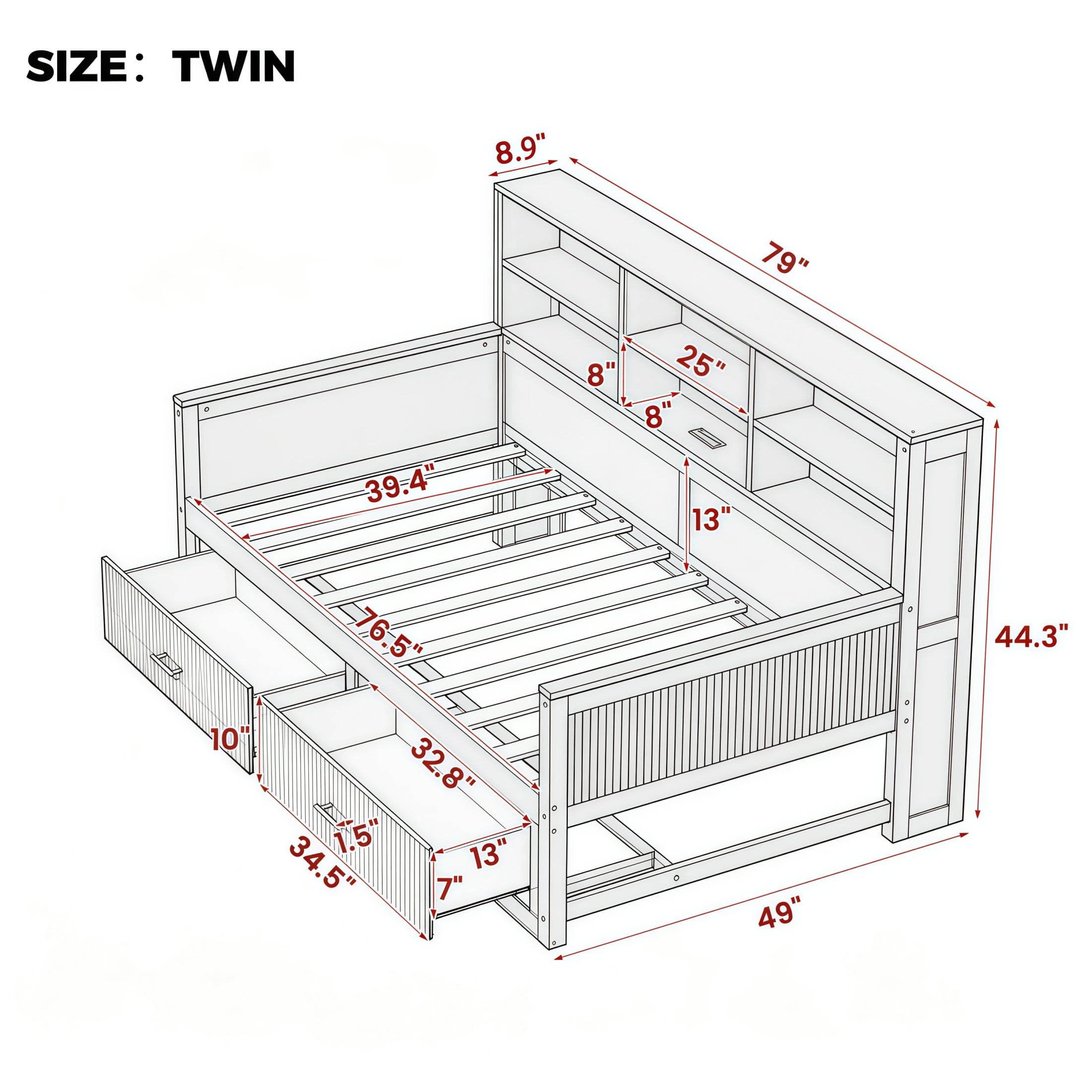 GDF Studio Josha Twin-Size Wooden Daybed with Bookcase Headboard, Storage Drawers & Built-In Charging Station, White