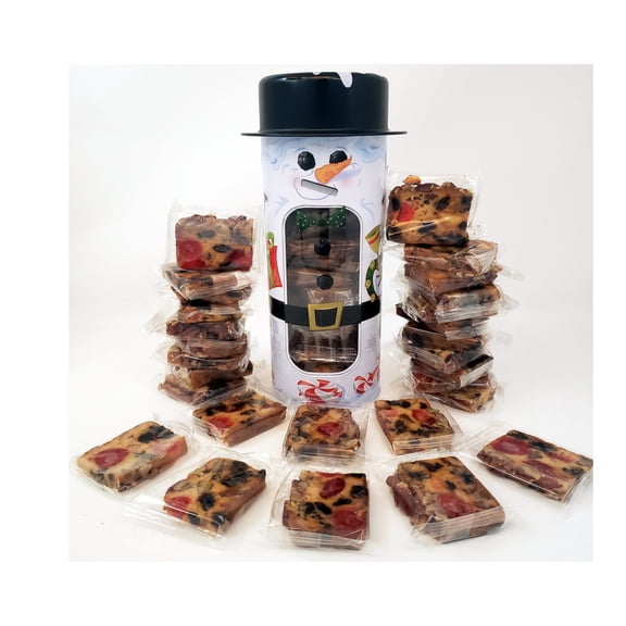 Jane Parker Fruitcake Bourbon & Rum Fruit Cake 18 Individually Wrapped Slices in a Collectible Snowman Tin