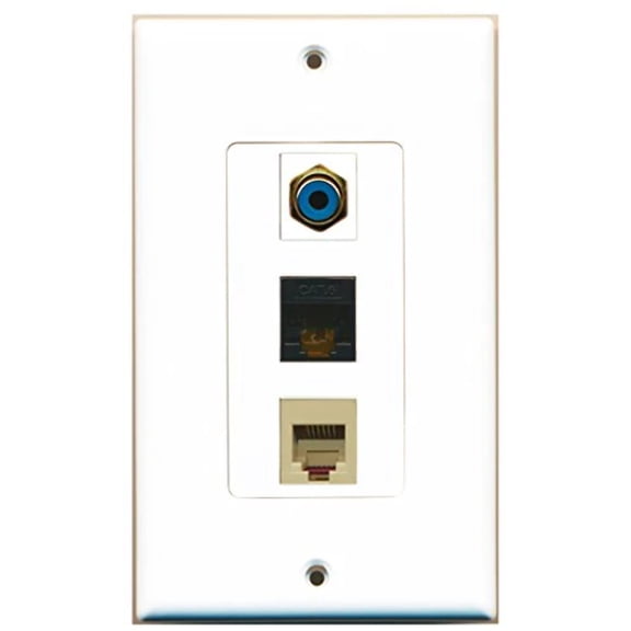 RiteAV - 1 Port RCA Blue and 1 Port Phone RJ11 RJ12 Beige and 1 Port Cat6 Ethernet Black Decorative Wall Plate Decorative