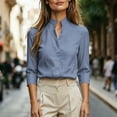 thumbnail image 7 of Enjoytime Shirts for Women Stand Collar V Neck Linen 3/4 Sleeve Tops Lightweight Business Casual Work Blouses, 7 of 7