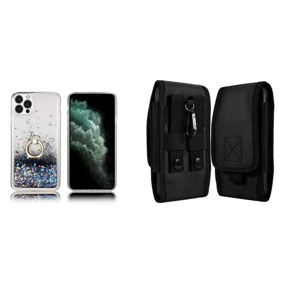Waterfall Liquid Glitter Stand Case and Belt Holster Pouch for iPhone 14 Pro - Black