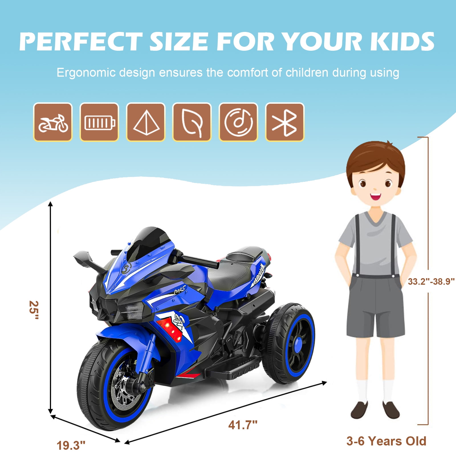 HNH 12V Ride on Motorcycle for Kids, Battery Powered 3 Wheels Motorcycle Toy with Bluetooth, Music, Light