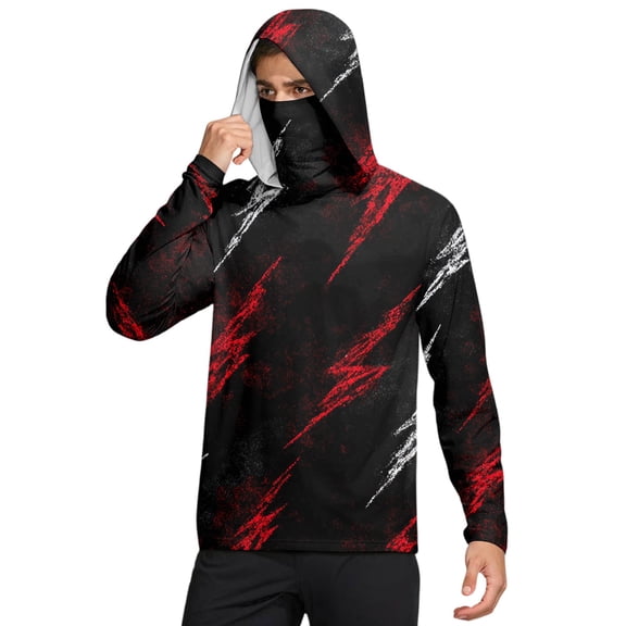 Upf 50 Fishing Hoodie Shirts for Men UV Spf Long Sleeve Shirts with Face Cover Rash Guard Hoodies Outdoor Hiking Swim Fishing T-Shirts,Red XL