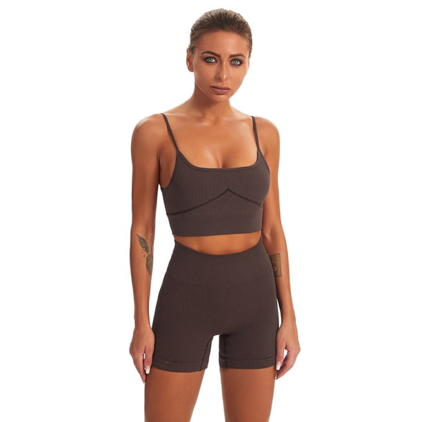 2 uds. De traje de Yoga sin costuras para mujer, Sujetador deportivo, chaleco, mallas de cintura alta, pantalones cortos, conjunto de gimnasio, ropa de entrenamiento, ropa deportiva A056 Tan Jianjun unisex