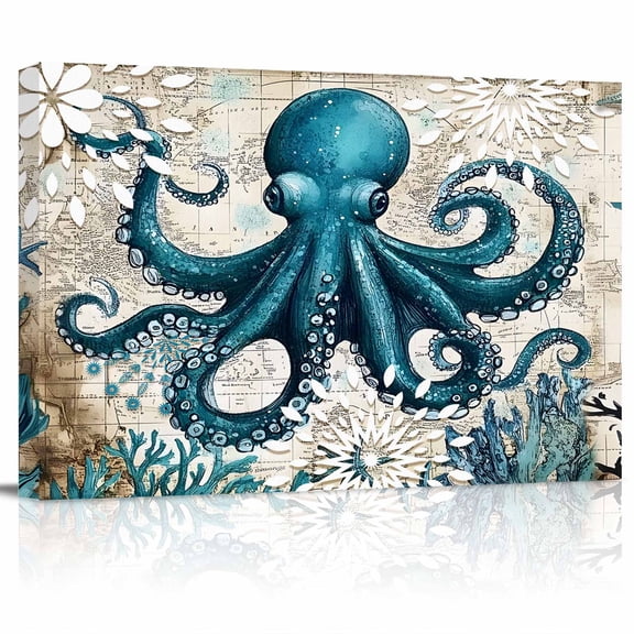 Octopus Canvas Print Wall Art Nautical Navy Blue Kraken Coral Vintage Coastal Map Pictures Painting Morden Artwork for Living Room Bedroom, Ready to Hang - 12"x16"