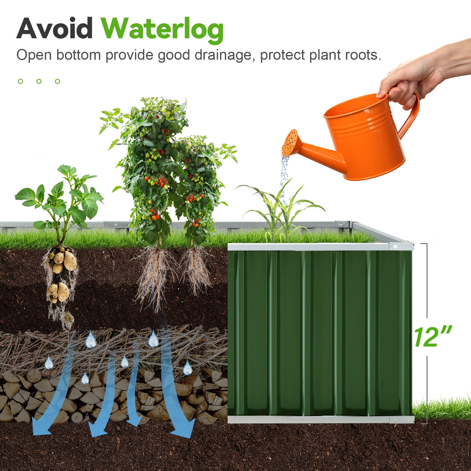 KING BIRD Raised Garden Bed 68" Lx 36" Wx 12" H Galvanized Garden Planter Box Kit (Green) 6x3x1ft