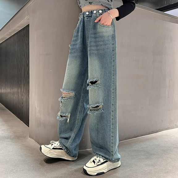 XIMIN Kids Girls Retro Hole-Punched Elastic Waist Cool Ripped Jeans Washed Denim Pants High Waisted Distressed Baggy Straight Wide Leg Ripped Denim Jean