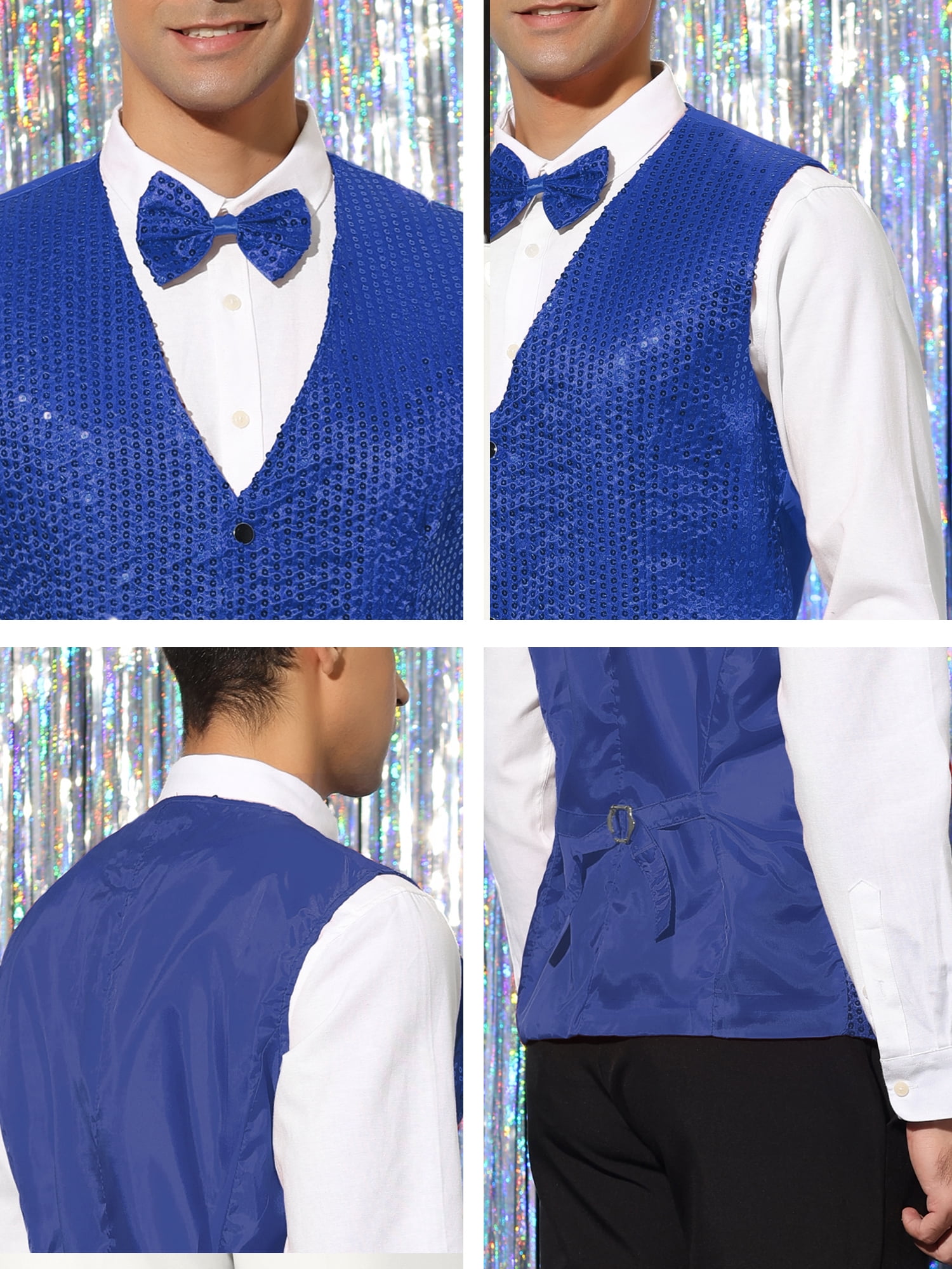 Unique Bargains Men's Sequin Waistcoat Sleeveless Dress Suit Vest with Bow Tie L Blue