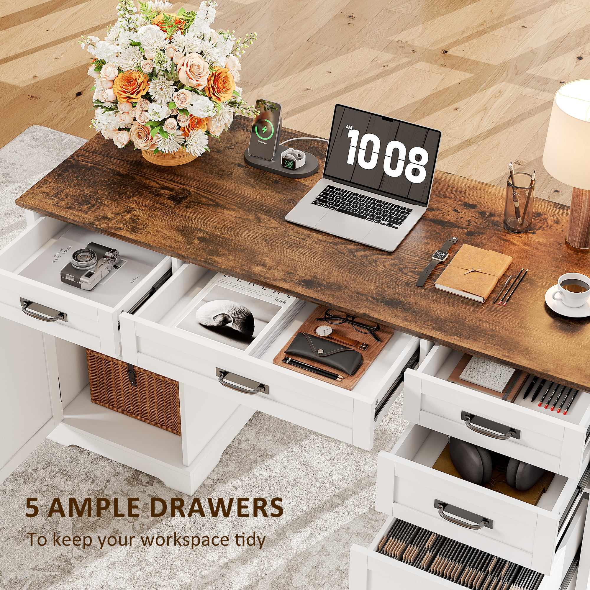 Executive Desk with File Drawers, 55'' Farmhouse Desk Modern for Adult Home Office, White