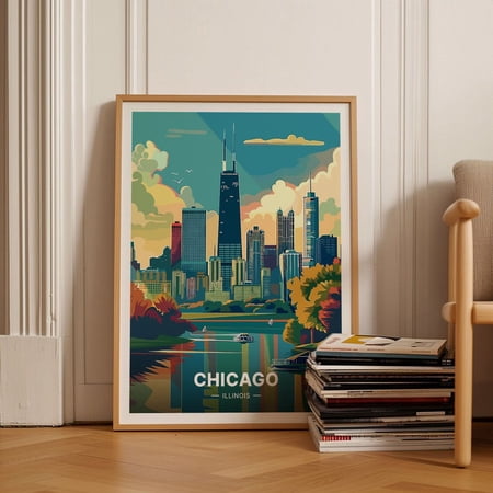 LAVIE Chicago Skyline Travel Poster Illinois Cityscape Art Vintage Travel Wall Art Unframed