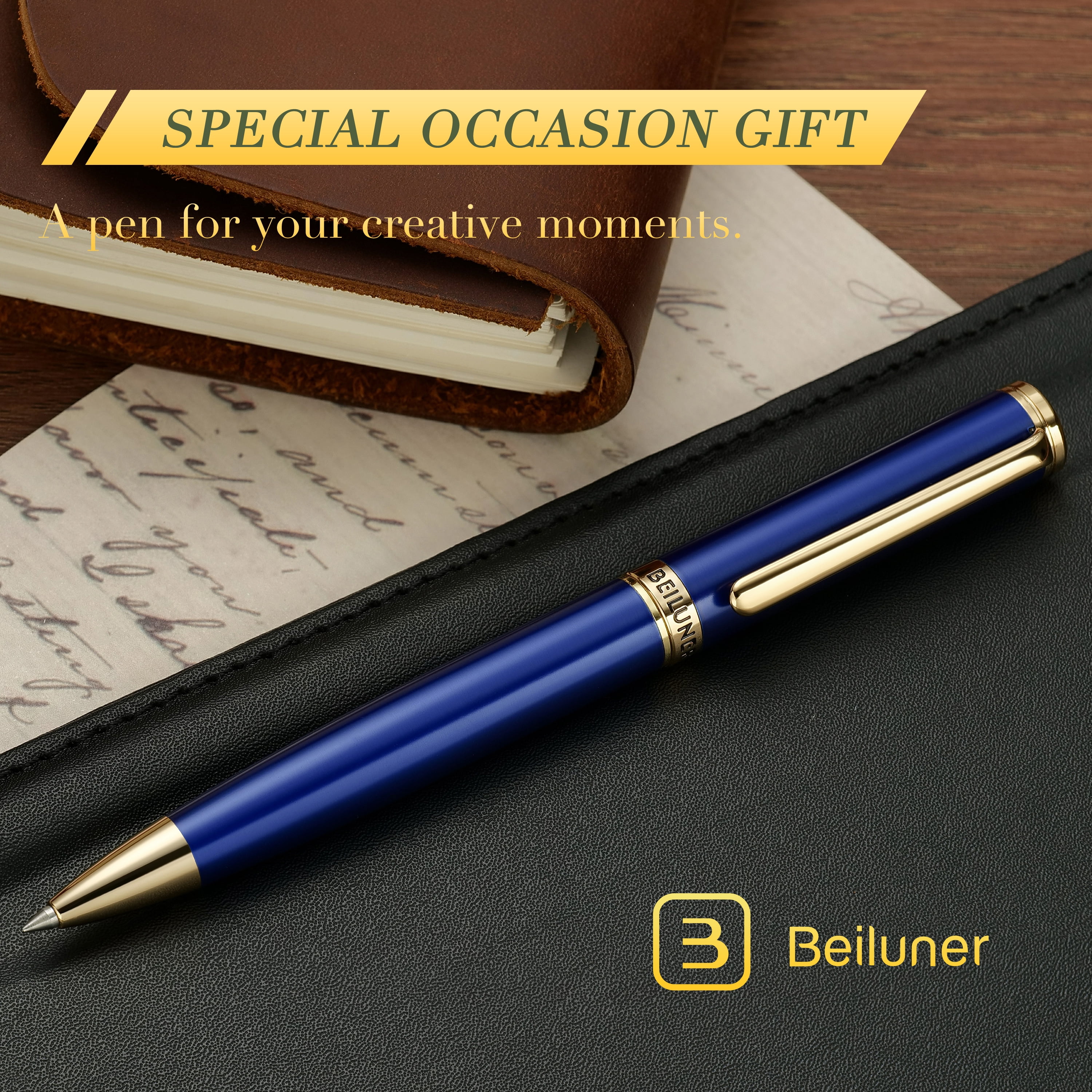 BEILUNER Luxury Gel Pens,Klein Blue Pen Barrel with 24K Gold Finish,Classic Leather Box-Best Pen Gift Set for Men & Women Professional, Executive, Office, Retractable Nice Fancy Designer Pens