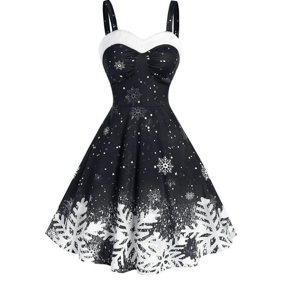 IROINNID Christmas Party Dresses for Women Sleeveless Christmas Snowflake Print Pretty A-Line Xmas Flare Dress,Black