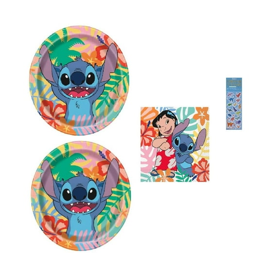 Lilo and Stitch Birthday Party Supplies Bundle includes 16 Dessert Cake Paper Plates 7", 16 Lunch Paper Napkins, 1 Dinosaur Sticker Sheet